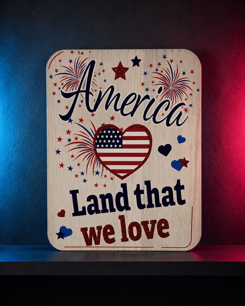 Patriotic America Land That We Love wooden home décor sign with fireworks and flag heart.