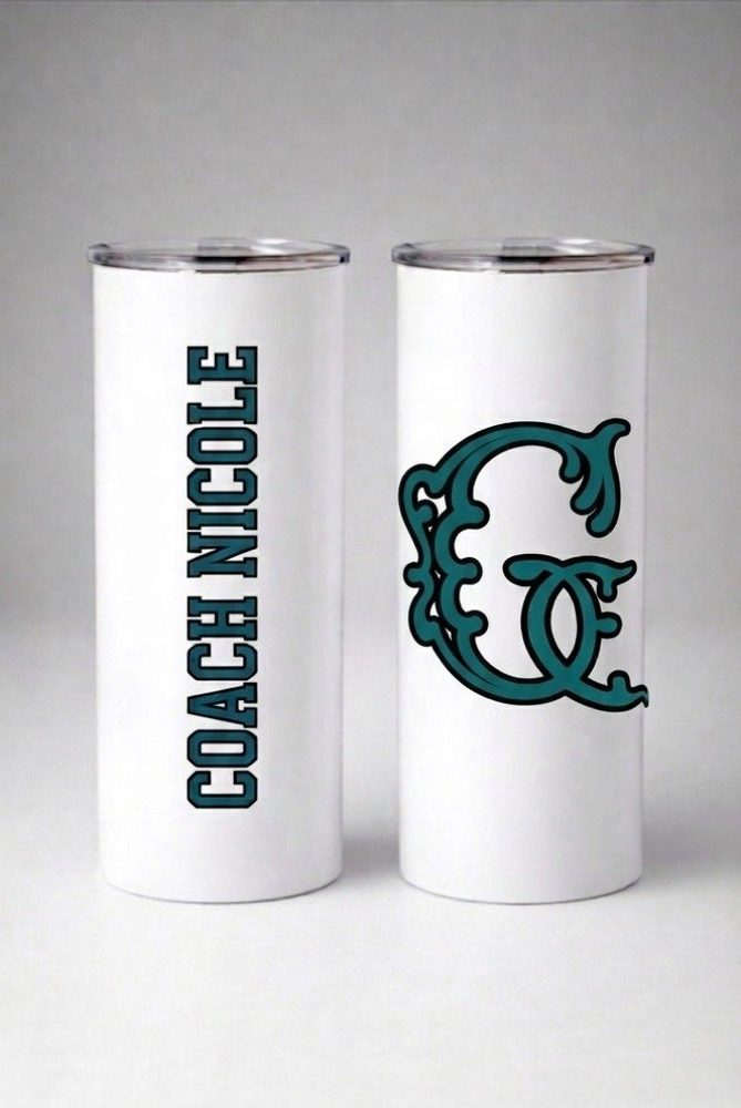 Coach Nicole custom tumblers with teal emblem.