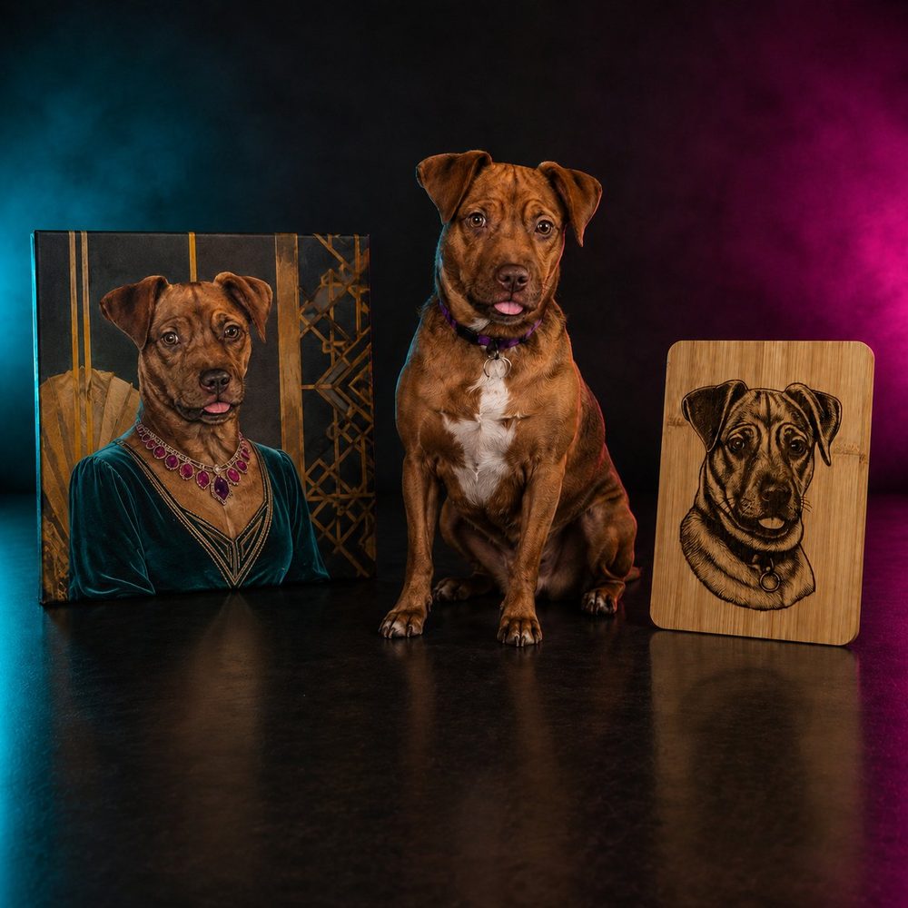 Real female brown dog centered between her custom Art Deco canvas portrait and laser-engraved bamboo pet portrait.