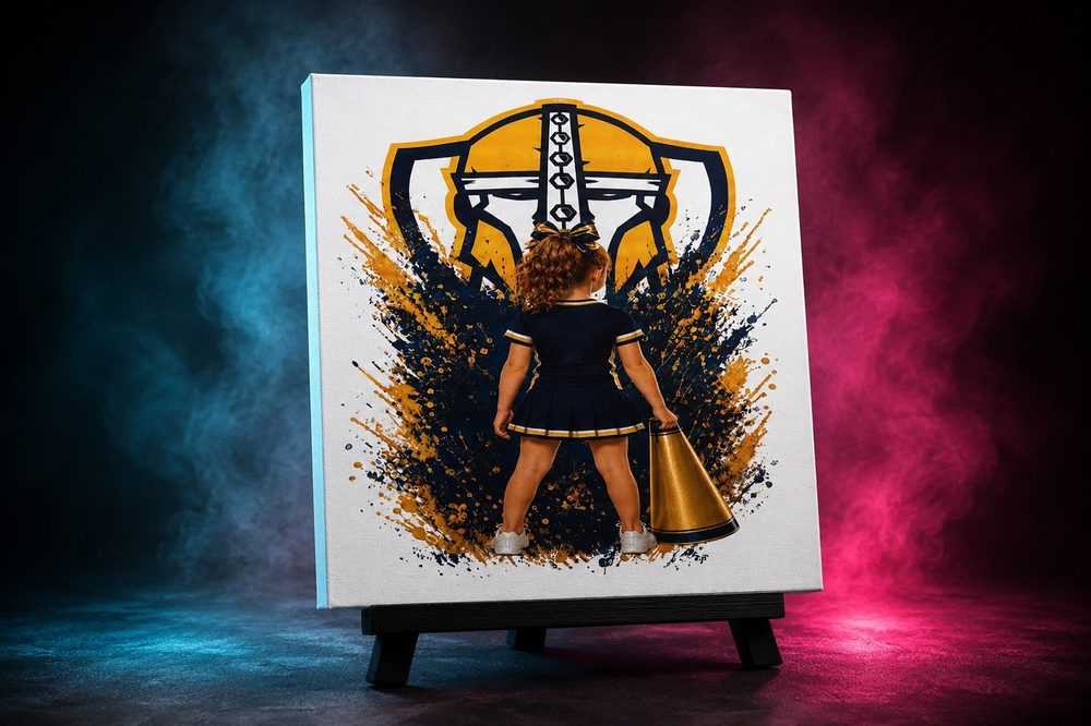 Custom navy and gold cheerleader artwork printed on gallery-wrapped canvas.