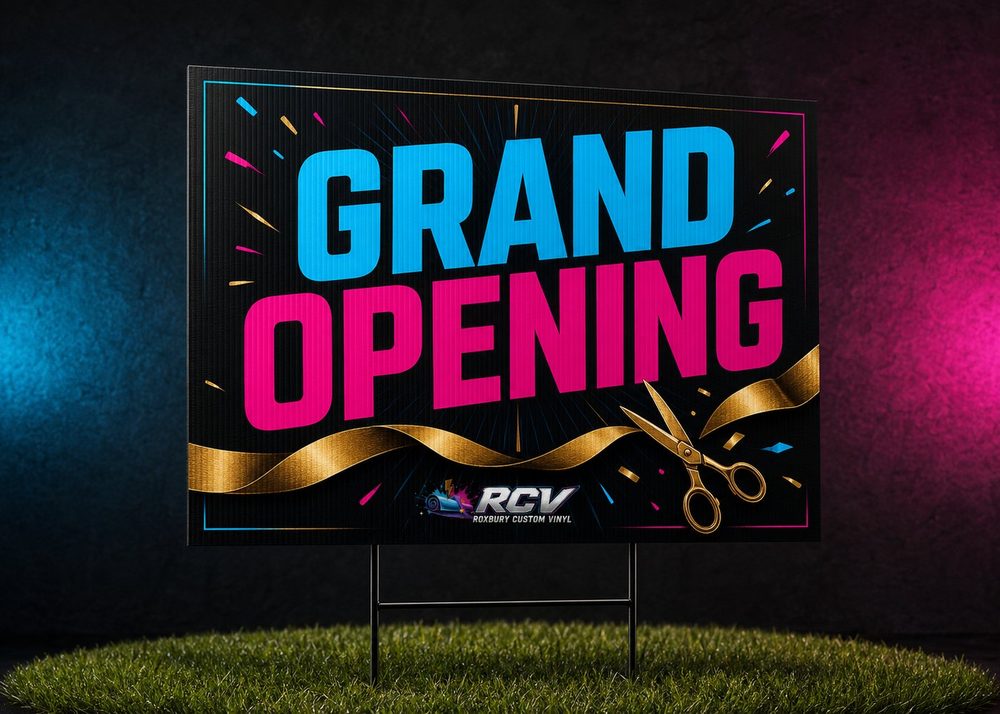 Custom Grand Opening yard sign in cyan, magenta and gold.