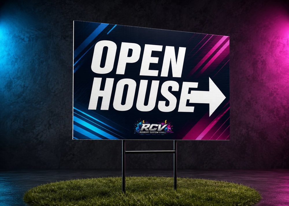 Custom cyan and magenta Open House directional yard sign.