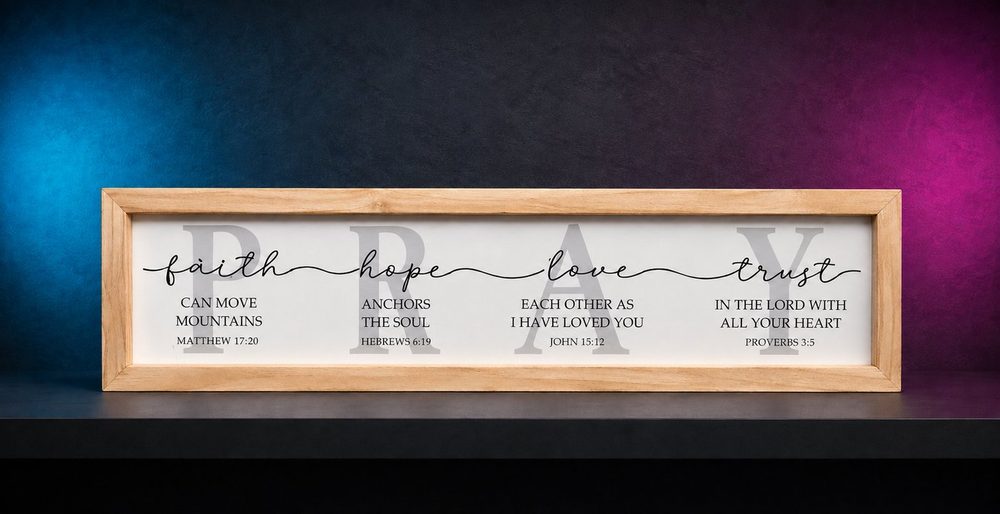 Custom PRAY sign with faith, hope, love and trust Bible verses.