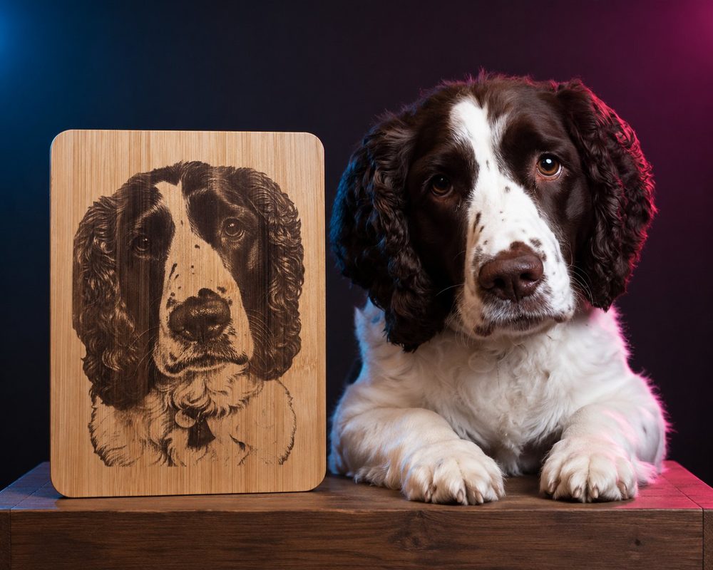 Custom laser-engraved spaniel portrait on bamboo beside the real black-and-white dog.