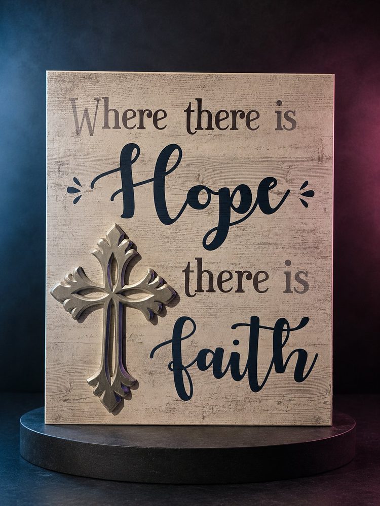 Where There Is Hope There Is Faith wooden sign with dimensional cross.