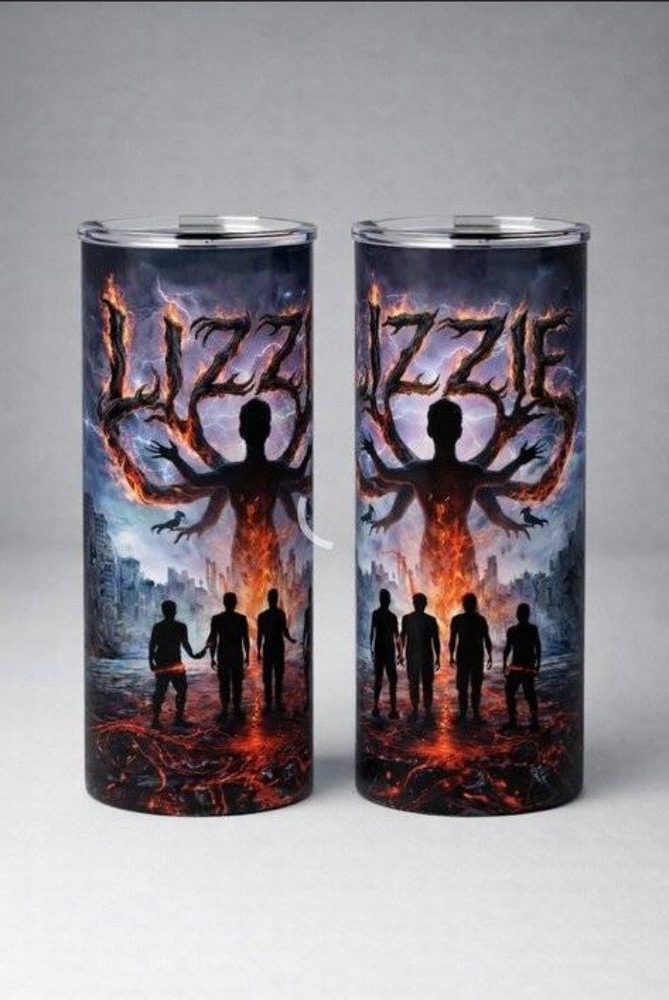 Pair of custom Lizzie illustrated tumblers.
