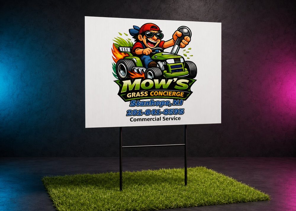 Mow's Grass Concierge commercial service yard sign for Stanhope, New Jersey.