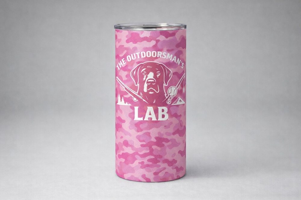 Pink camouflage Outdoorsman's Lab tumbler.