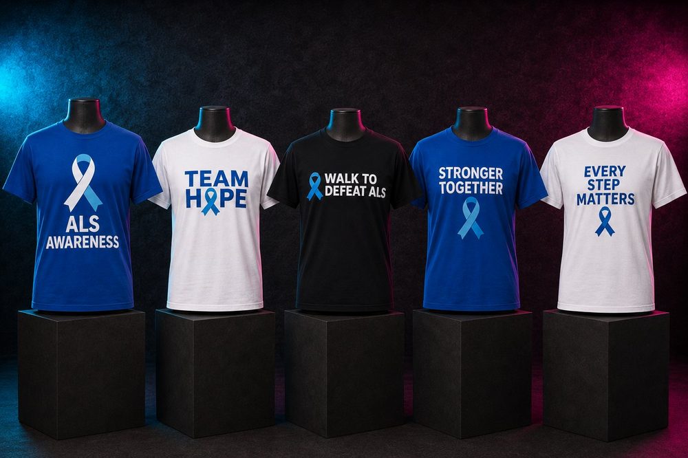 A grouped collection of awareness fundraiser t-shirts — ALS awareness — custom printed by Roxbury Custom Vinyl in Roxbury, NJ.