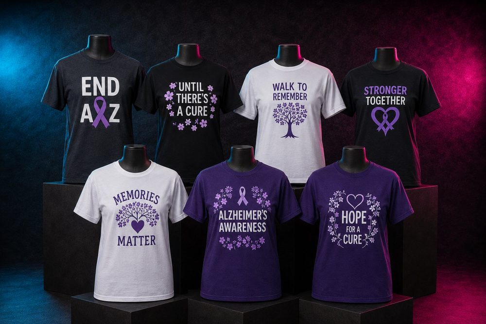 A grouped collection of awareness fundraiser t-shirts — Alzheimer awareness — custom printed by Roxbury Custom Vinyl in Roxbury, NJ.