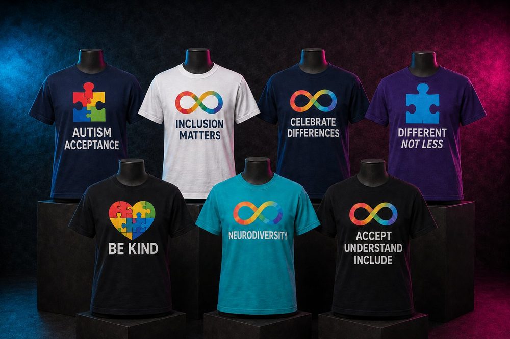 A grouped collection of awareness fundraiser t-shirts — Autism puzzle and infinity collection — custom printed by Roxbury Custom Vinyl in Roxbury, NJ.