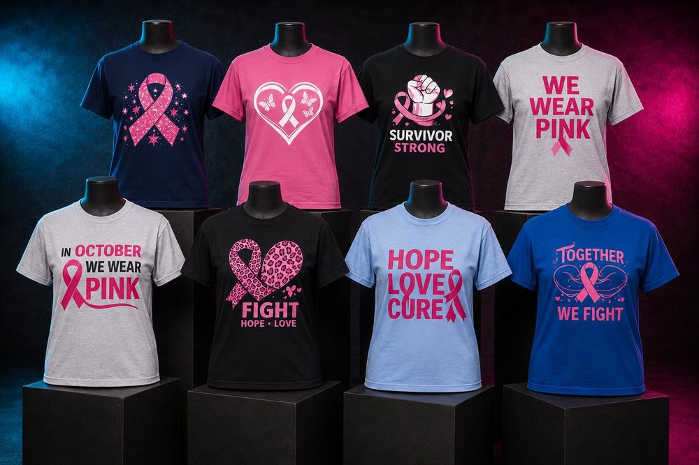 A grouped collection of awareness fundraiser t-shirts — Breast cancer awareness — custom printed by Roxbury Custom Vinyl in Roxbury, NJ.