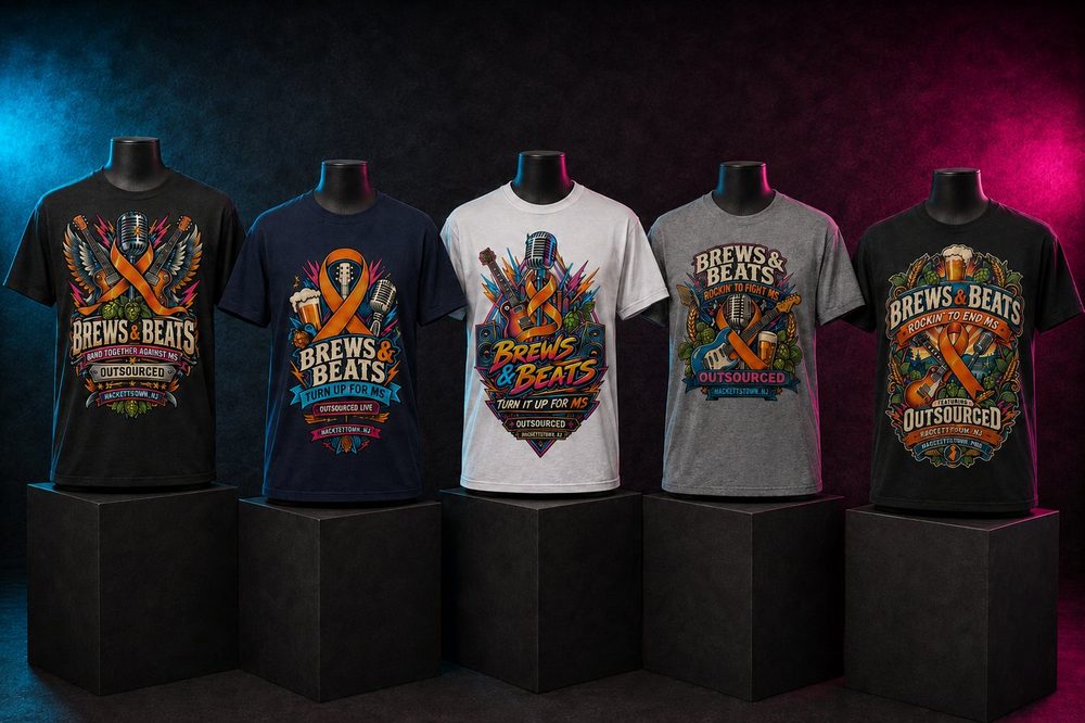 Five Brews and Beats MS fundraiser t-shirt designs on mannequins, each supporting the fight against multiple sclerosis, in Hackettstown NJ.