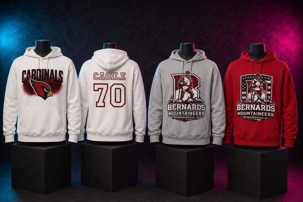 Custom team spirit t-shirts and sweatshirts — Cardinals 70 and Bernards collection — printed by Roxbury Custom Vinyl for local Morris County schools and sports programs.