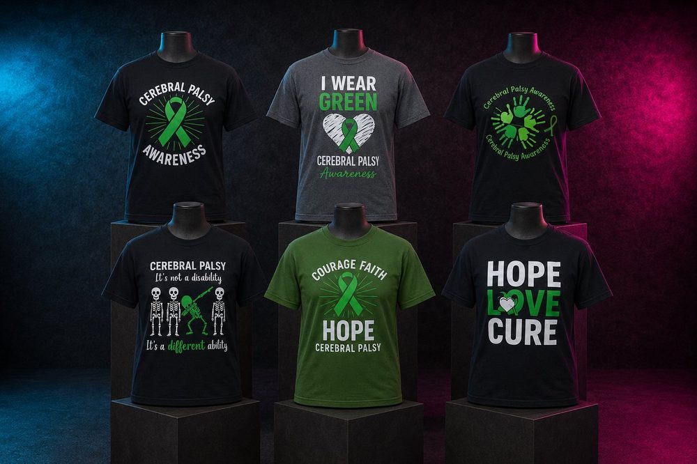 A grouped collection of awareness fundraiser t-shirts — Cerebral palsy awareness — custom printed by Roxbury Custom Vinyl in Roxbury, NJ.