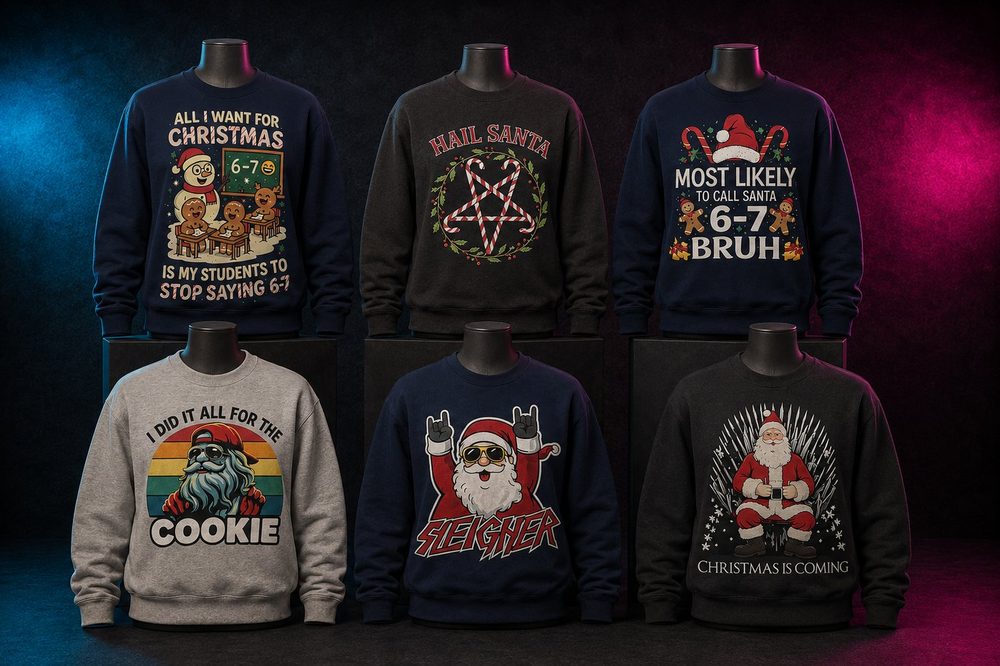 A custom seasonal holiday shirt collection — Christmas humor collection — printed by Roxbury Custom Vinyl in Roxbury, NJ.