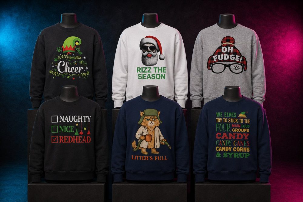 A custom seasonal holiday shirt collection — Christmas movie collection — printed by Roxbury Custom Vinyl in Roxbury, NJ.