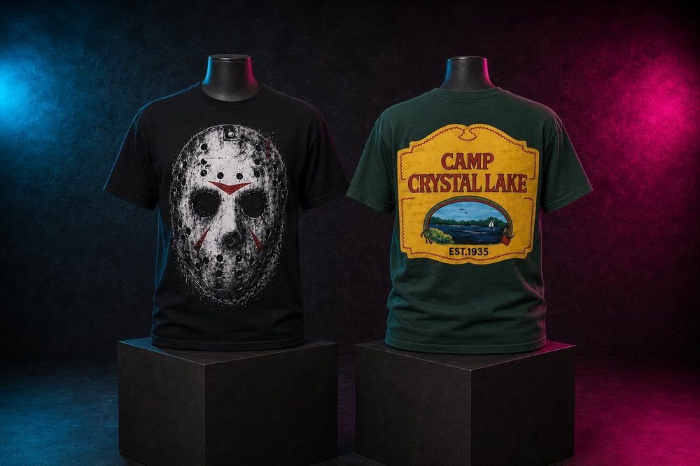 A Halloween-themed custom t-shirt design — Crystal Lake horror pair — printed by Roxbury Custom Vinyl in Roxbury, NJ.