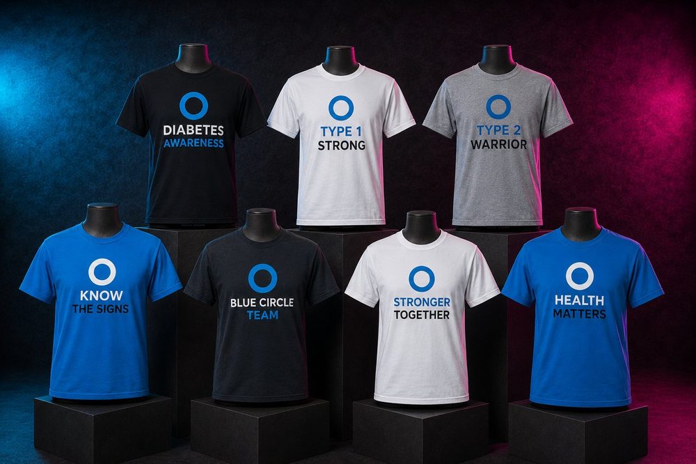 A grouped collection of awareness fundraiser t-shirts — Diabetes awareness — custom printed by Roxbury Custom Vinyl in Roxbury, NJ.