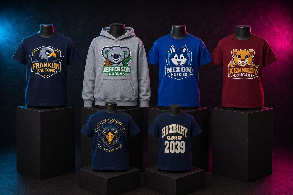 Custom team spirit t-shirts and sweatshirts — Elementary and class-year collection — printed by Roxbury Custom Vinyl for local Morris County schools and sports programs.