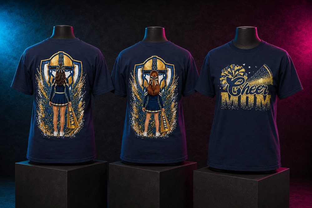 Custom team spirit t-shirts and sweatshirts — Emily Lizzie and Cheer Mom — printed by Roxbury Custom Vinyl for local Morris County schools and sports programs.