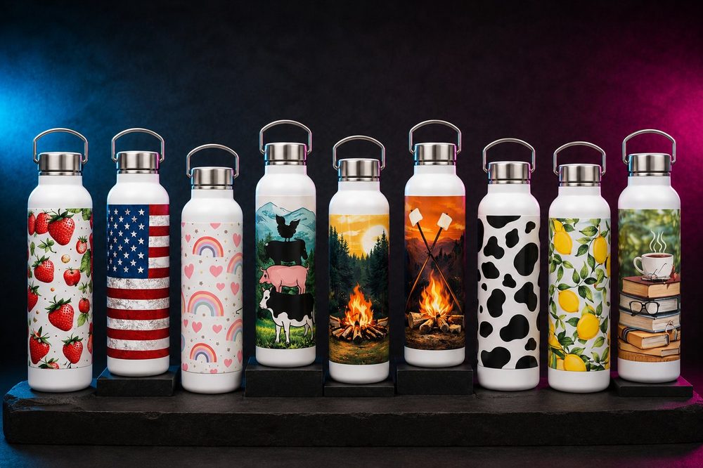 Custom sublimation-printed drinkware — Everyday water bottles — made by Roxbury Custom Vinyl in Roxbury, NJ.