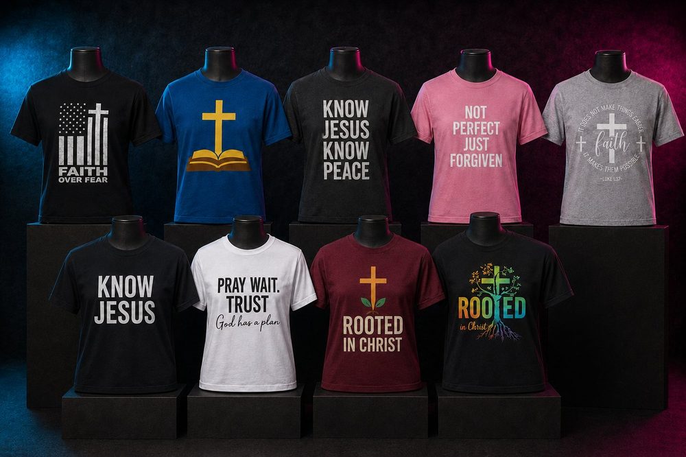 Nine faith-based t-shirt designs on mannequins including Faith Over Fear, Know Jesus Know Peace, and Rooted in Christ, displayed in a studio setting.