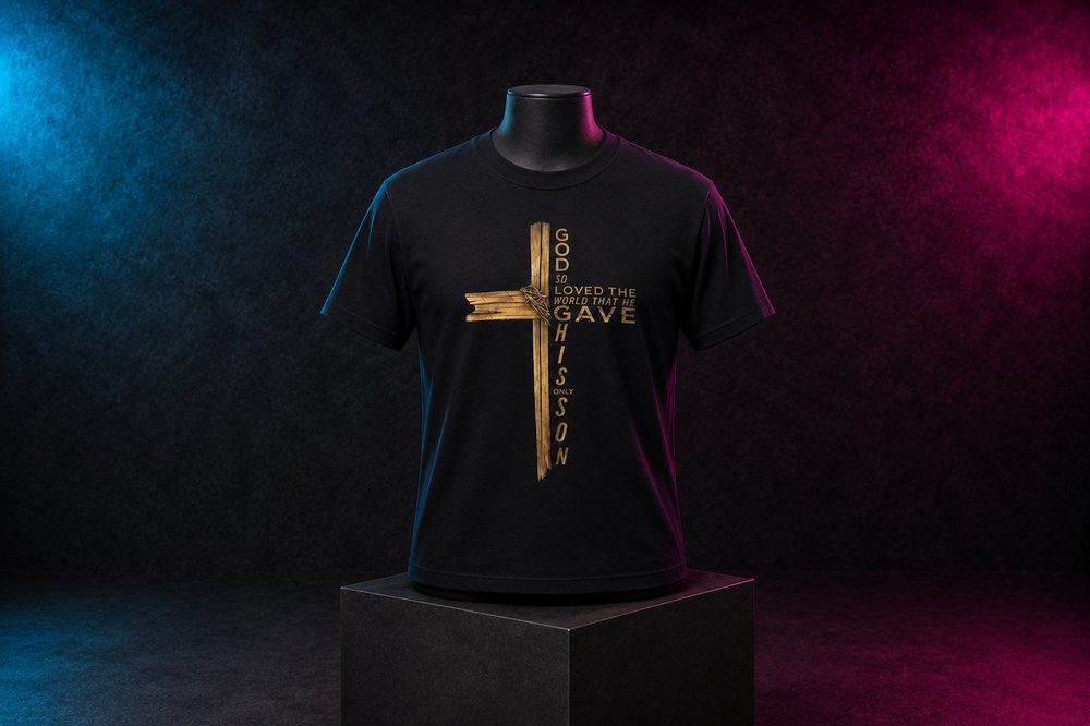 A Christian faith-based custom t-shirt design — Faith cross shirt — printed by Roxbury Custom Vinyl in Roxbury, NJ.