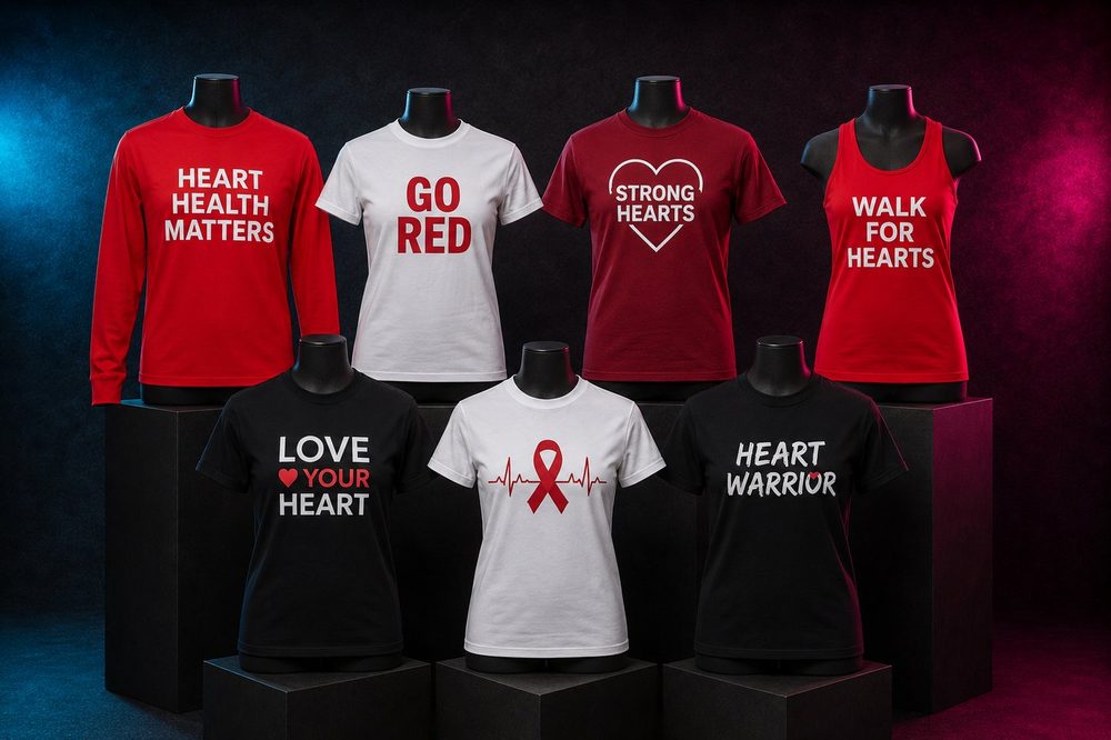 A grouped collection of awareness fundraiser t-shirts — Heart awareness — custom printed by Roxbury Custom Vinyl in Roxbury, NJ.