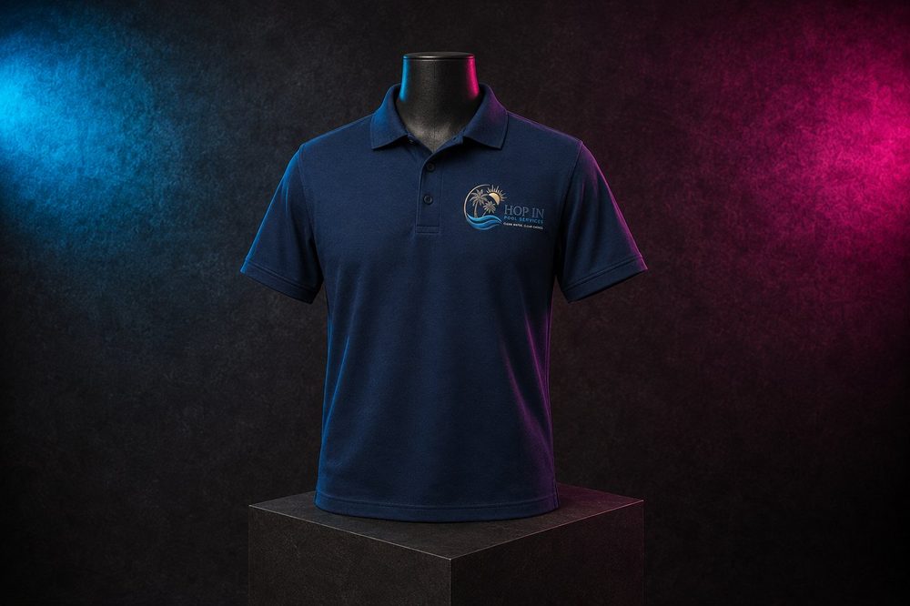 Custom branded staff apparel — Hop In Pool Services polo — printed by Roxbury Custom Vinyl in Roxbury, NJ.