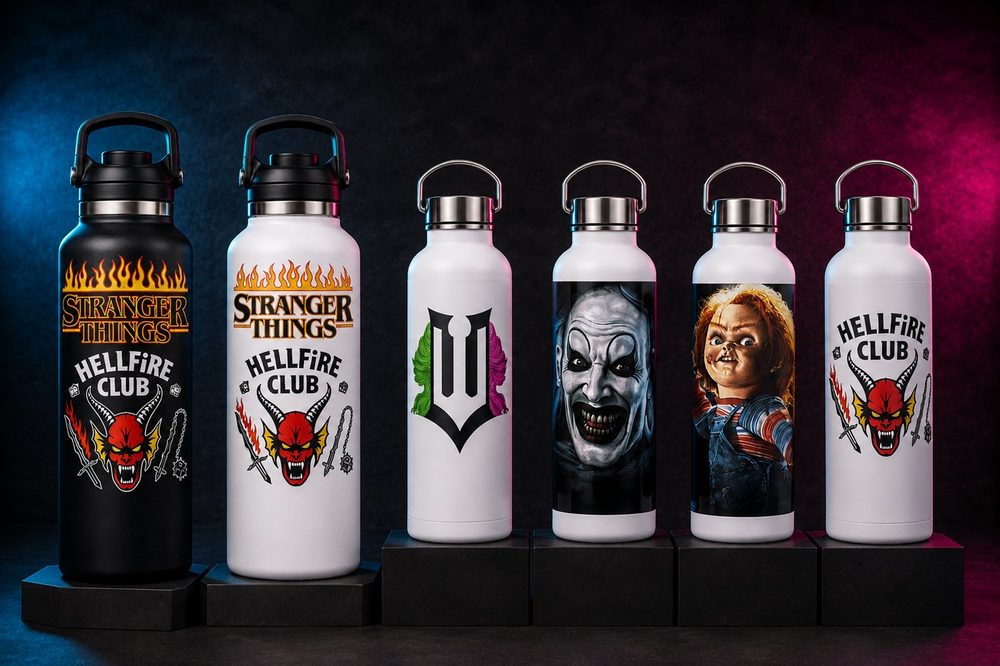 Custom sublimation-printed drinkware — Horror and fantasy water bottles — made by Roxbury Custom Vinyl in Roxbury, NJ.