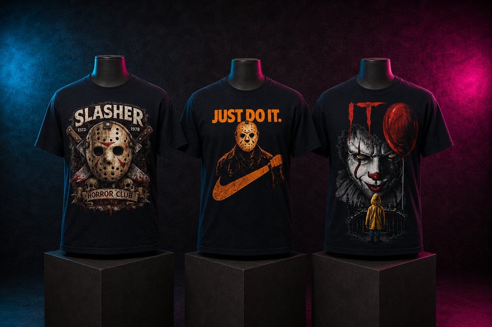 A Halloween-themed custom t-shirt design — Horror club collection — printed by Roxbury Custom Vinyl in Roxbury, NJ.