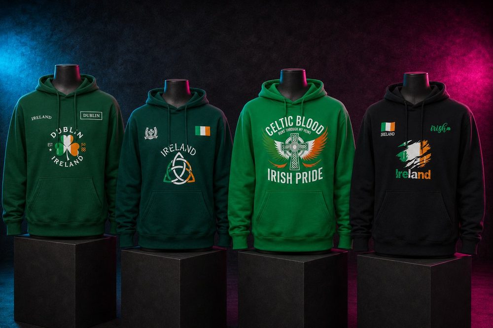 A custom seasonal holiday shirt collection — Irish hoodie collection — printed by Roxbury Custom Vinyl in Roxbury, NJ.