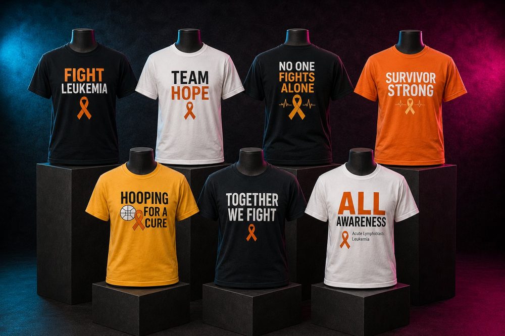 A grouped collection of awareness fundraiser t-shirts — Leukemia awareness — custom printed by Roxbury Custom Vinyl in Roxbury, NJ.