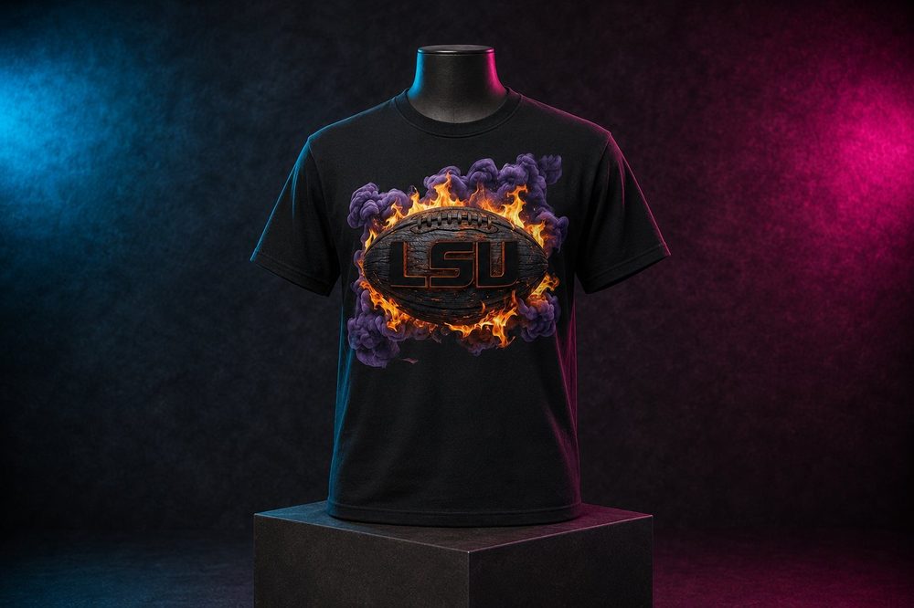 Custom team spirit t-shirts and sweatshirts — LSU flaming football — printed by Roxbury Custom Vinyl for local Morris County schools and sports programs.