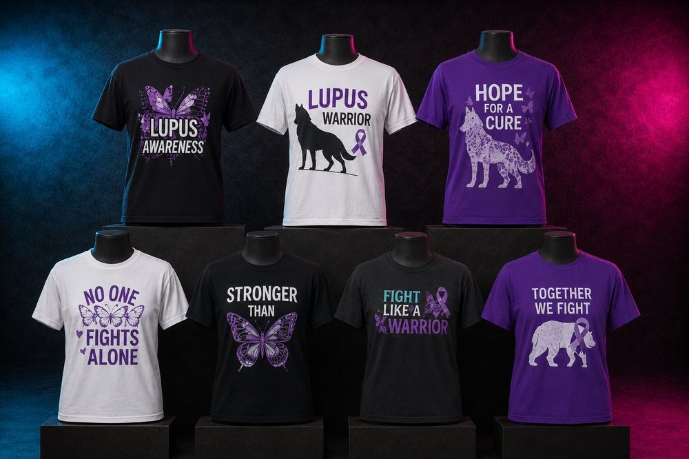 A grouped collection of awareness fundraiser t-shirts — Lupus awareness — custom printed by Roxbury Custom Vinyl in Roxbury, NJ.