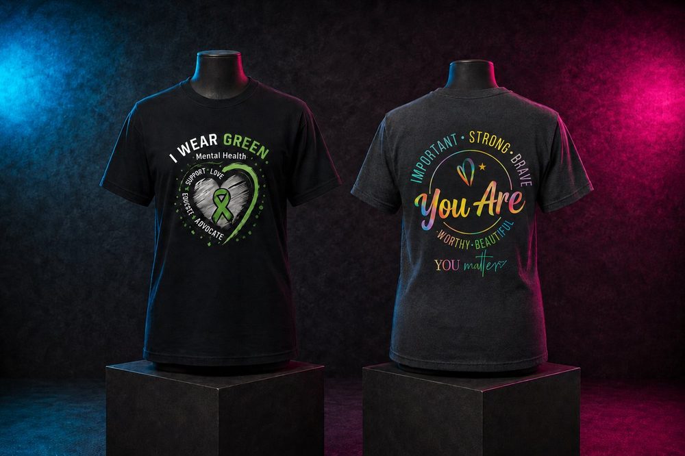 A grouped collection of awareness fundraiser t-shirts — Mental health support pair — custom printed by Roxbury Custom Vinyl in Roxbury, NJ.