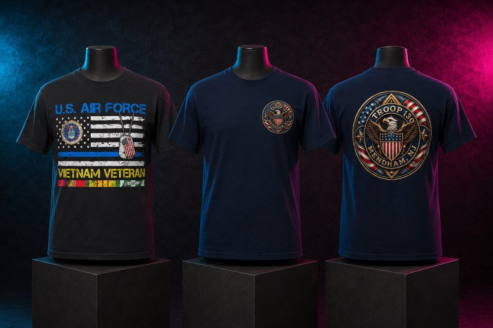 Custom military and veteran-themed apparel — Military veteran and Troop 130 — printed by Roxbury Custom Vinyl in Roxbury, NJ.