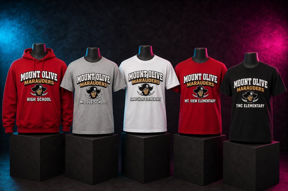 Custom team spirit t-shirts and sweatshirts — Mount Olive school collection — printed by Roxbury Custom Vinyl for local Morris County schools and sports programs.