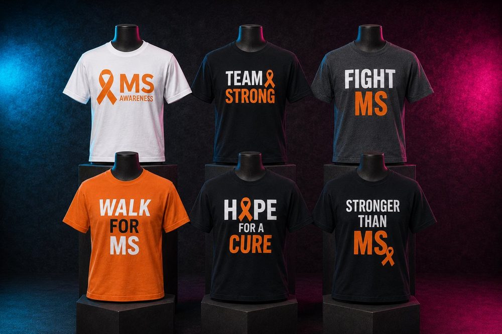 A grouped collection of awareness fundraiser t-shirts — MS awareness — custom printed by Roxbury Custom Vinyl in Roxbury, NJ.