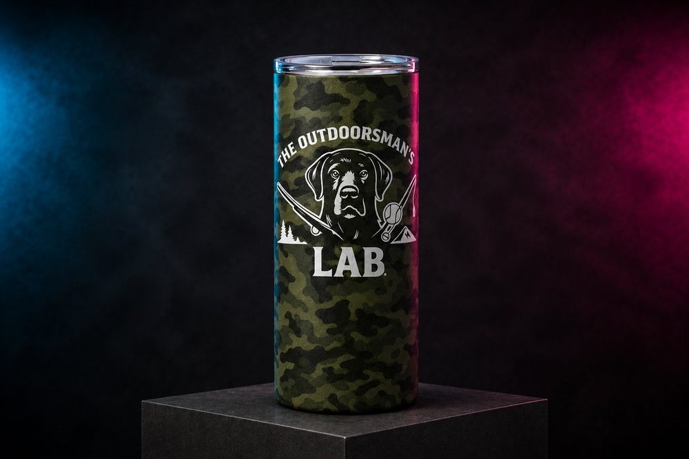 Custom sublimation-printed drinkware — Outdoorsman Labrador tumbler — made by Roxbury Custom Vinyl in Roxbury, NJ.