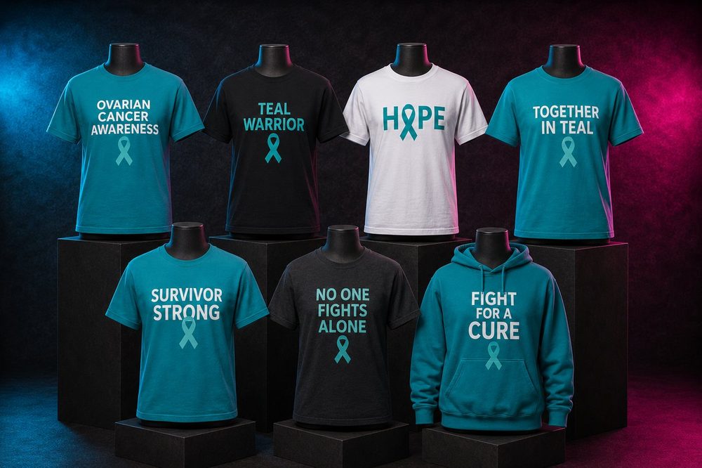 A grouped collection of awareness fundraiser t-shirts — Ovarian cancer awareness — custom printed by Roxbury Custom Vinyl in Roxbury, NJ.