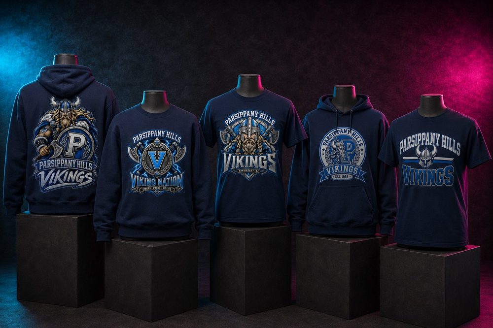 Custom team spirit t-shirts and sweatshirts — Parsippany Hills collection — printed by Roxbury Custom Vinyl for local Morris County schools and sports programs.
