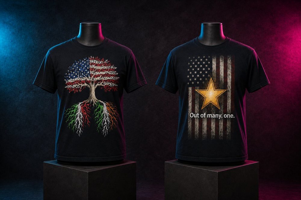 Custom military and veteran-themed apparel — Patriotic pair — printed by Roxbury Custom Vinyl in Roxbury, NJ.