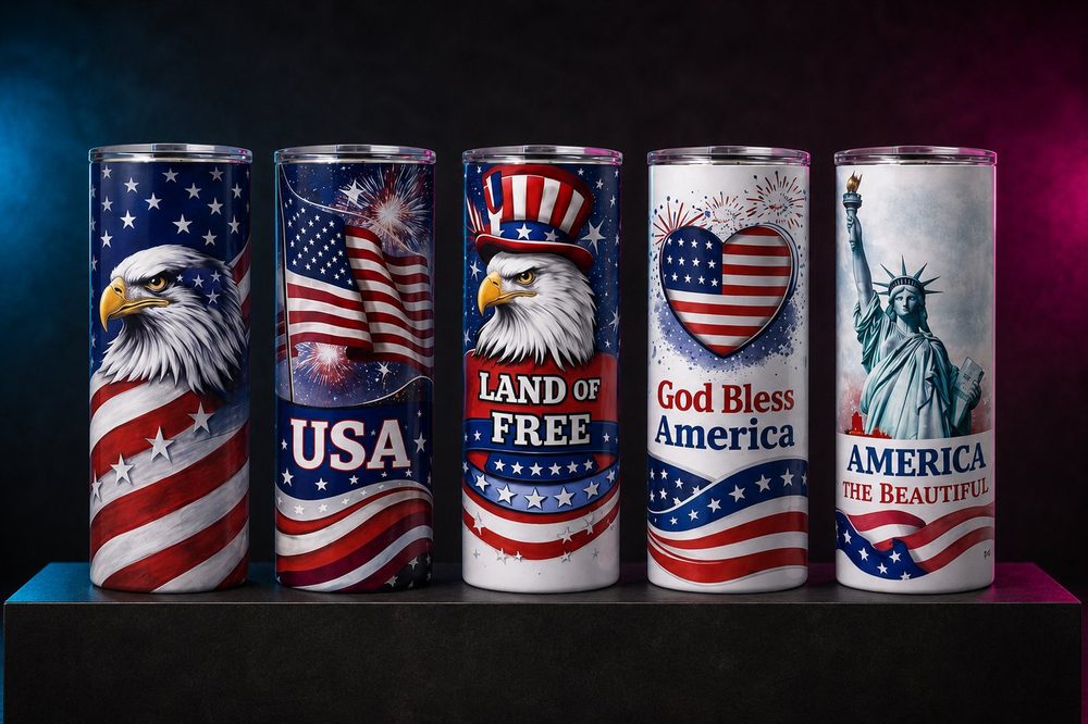 Custom sublimation-printed drinkware — Patriotic tumblers — made by Roxbury Custom Vinyl in Roxbury, NJ.