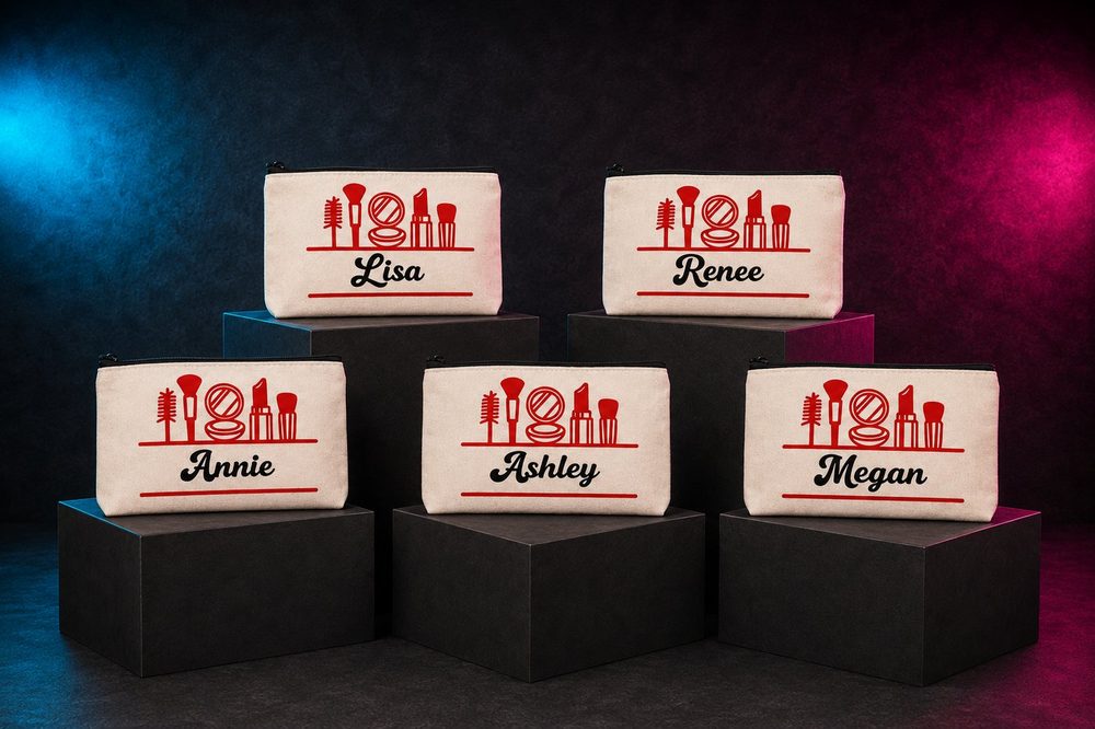 A personalized custom gift item — Personalized cosmetic pouches — made by Roxbury Custom Vinyl in Roxbury, NJ.