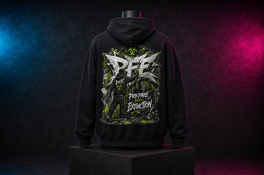 A custom streetwear-style graphic hoodie — PFE hoodie — printed by Roxbury Custom Vinyl in Roxbury, NJ.