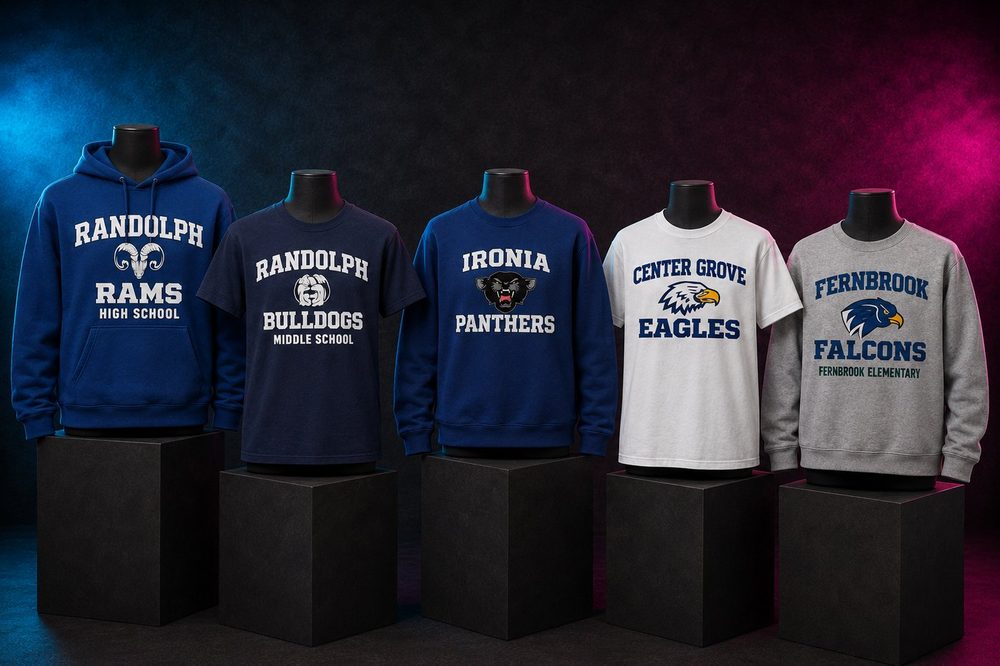 Custom team spirit t-shirts and sweatshirts — Regional school collection — printed by Roxbury Custom Vinyl for local Morris County schools and sports programs.