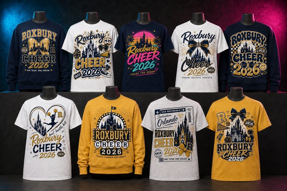Custom team spirit t-shirts and sweatshirts — Roxbury cheer collection — printed by Roxbury Custom Vinyl for local Morris County schools and sports programs.