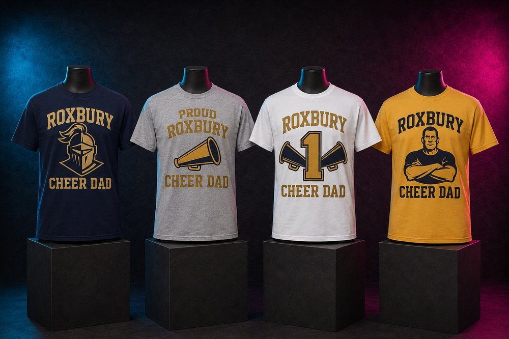 Custom team spirit t-shirts and sweatshirts — Roxbury Cheer Dad — printed by Roxbury Custom Vinyl for local Morris County schools and sports programs.